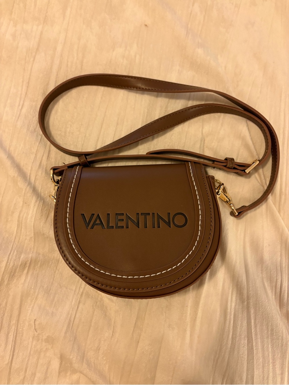 Valentino Brown Leather Logo Crossbody Saddle Bag